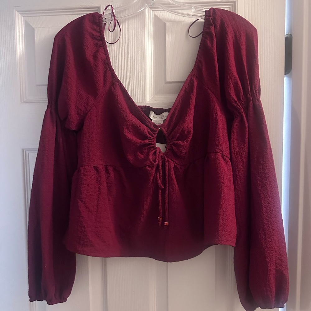 Relaxed Red Tie Front Long Sleeve Blouse